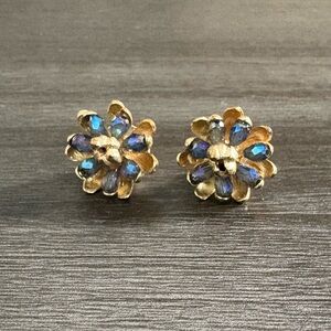 Vintage Art Deco Style Round Yellow Gold Tone Blue Flower Earrings